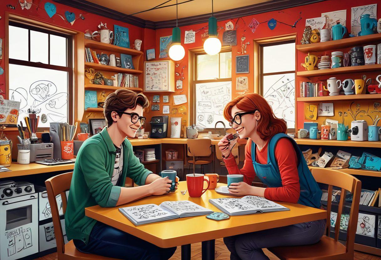 A whimsical illustration of a cozy café filled with quirky comic book-style decorations, where two nerdy characters share a laugh over a table stacked with gadgets and heart-shaped mugs. Surrounding them are playful doodles of math equations and puns floating in the air. The atmosphere is light-hearted and colorful, engagingly capturing the essence of geeky romance. vibrant colors. cartoon style. whimsical.