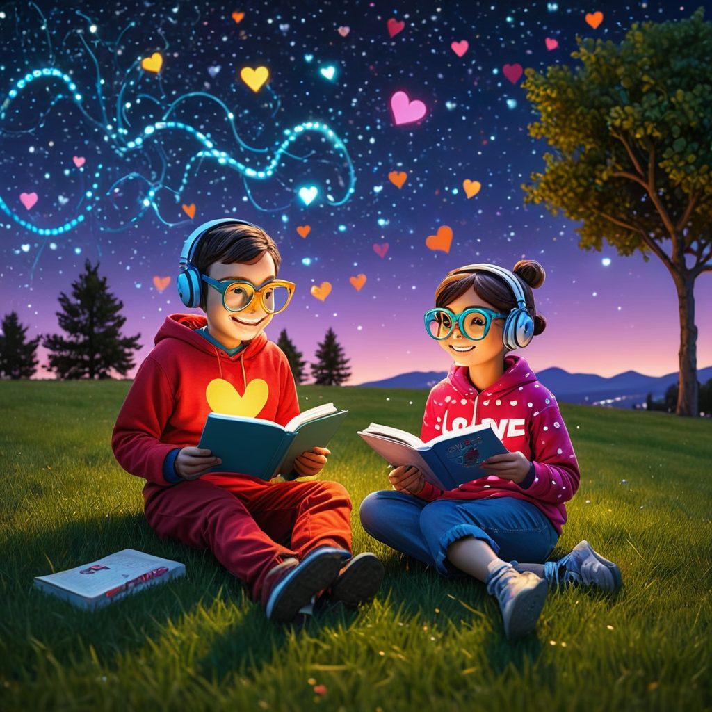 A whimsical illustration of two nerdy characters sharing a laugh over comic books under a starry sky filled with constellations in the shape of hearts. Include playful gadgets around them, like a quirky robot holding a love letter and floating hearts made of binary code. The scene should emit a sense of warmth and humor, capturing the essence of geeky romance. vibrant colors. cartoon style.