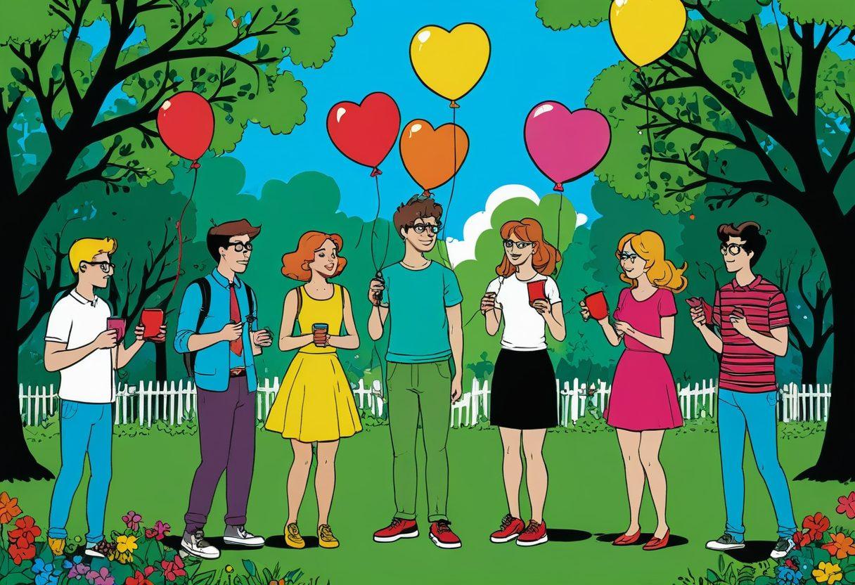 A whimsical illustration featuring a group of lovestruck nerds on a quirky date, surrounded by humorous props like comic books, video game controllers, and awkward heart-shaped balloons. The background should be a vibrant park setting, with a comic-style speech bubble showcasing a funny dating quote. The characters should express exaggerated emotions, making the scene lively and entertaining. cartoonish style. vibrant colors. playful atmosphere.